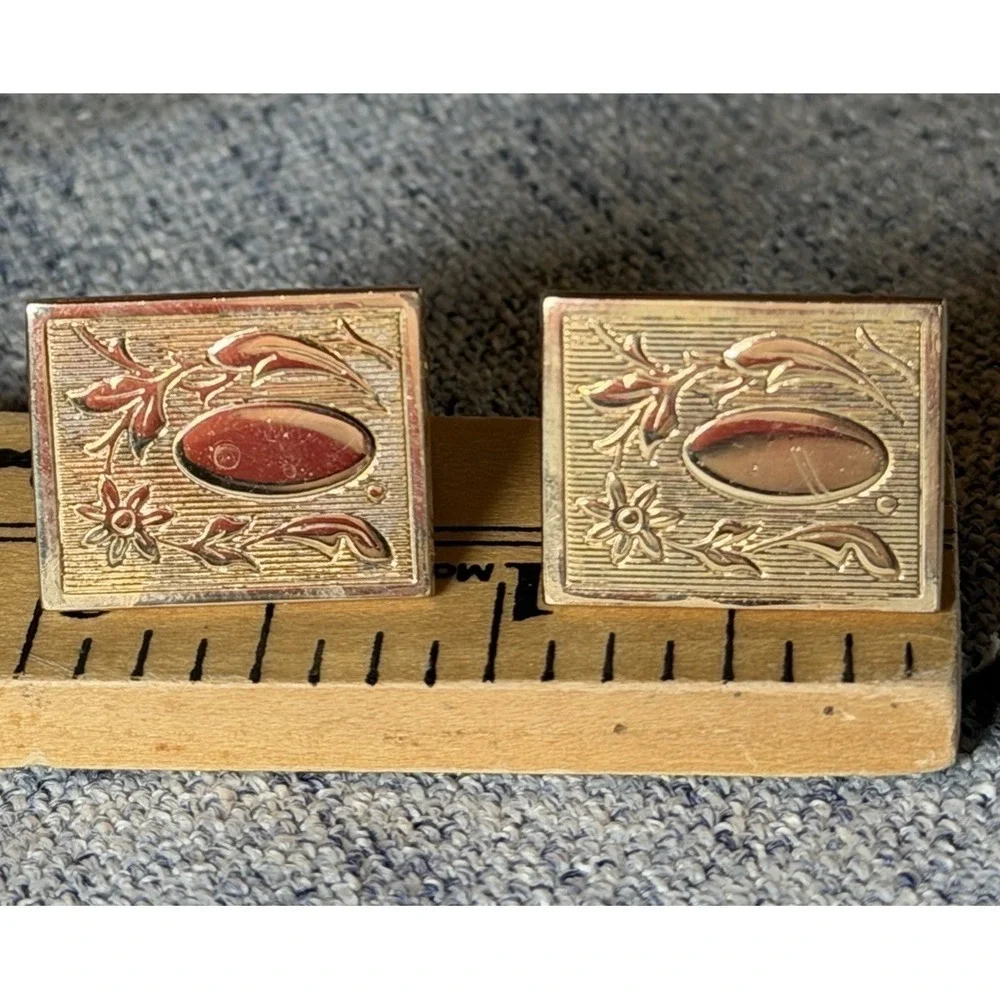Vintage Etched Rectangular Spring Bullet Gold Tone Cuff Links